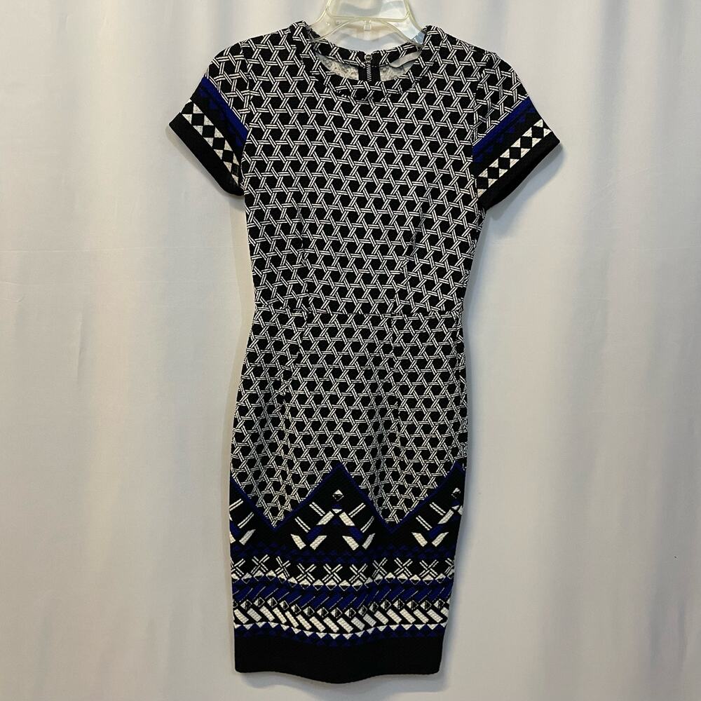 H&M Short Sleeve Exposed Back Zip Patterned Column Dress Workwear Knee Length XS